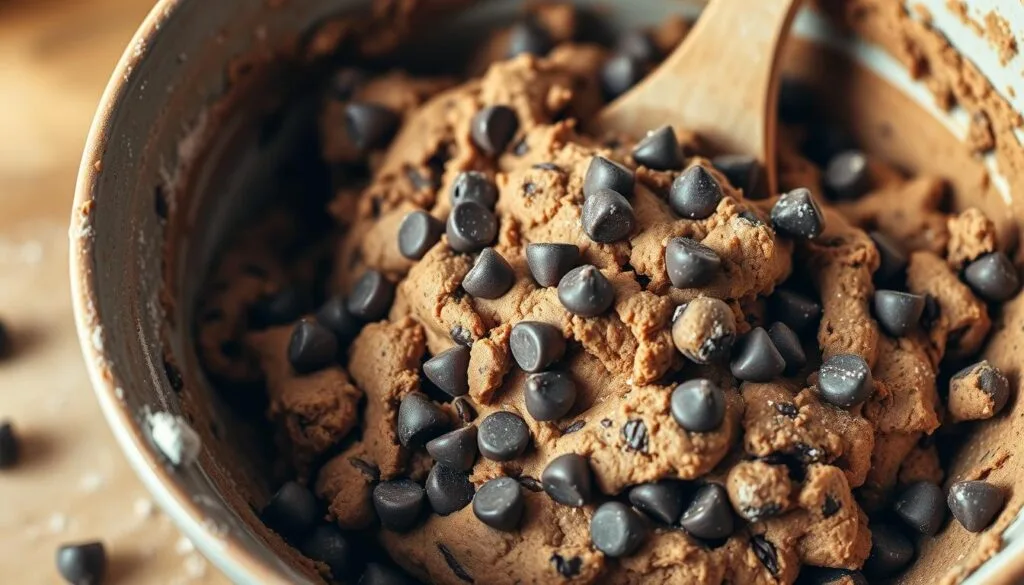 Mixing chocolate chip cookie dough