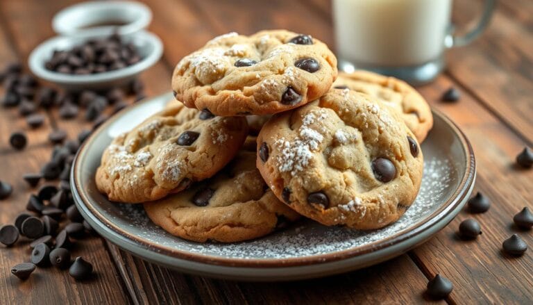 chocolate chip cookies with powdered sugar