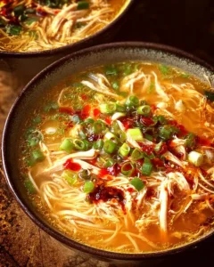 Bowl of Classic Ginger Garlic Chicken Noodle Soup garnished with herbs