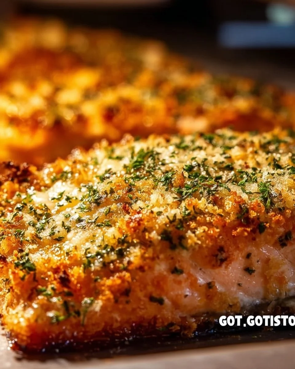 Baked Crispy Parmesan Salmon served with vegetables on a plate