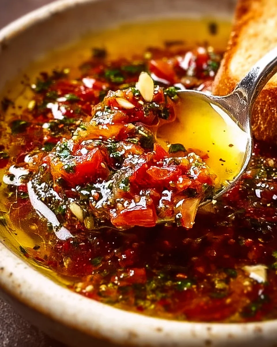 Bowl of easy sun dried tomato garlic olive oil dip with fresh ingredients