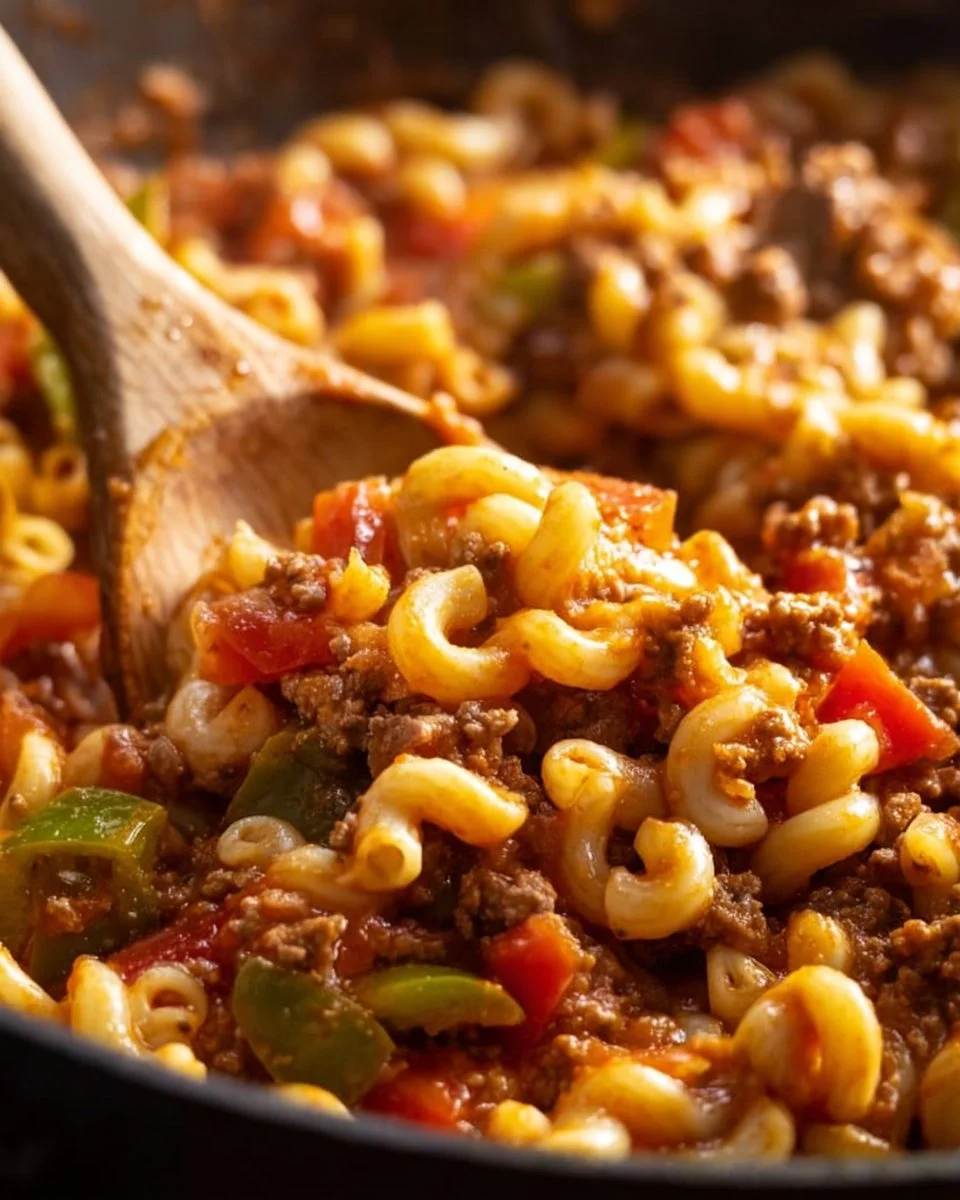 Delicious bowl of Classic American Chop Suey topped with herbs and vegetables
