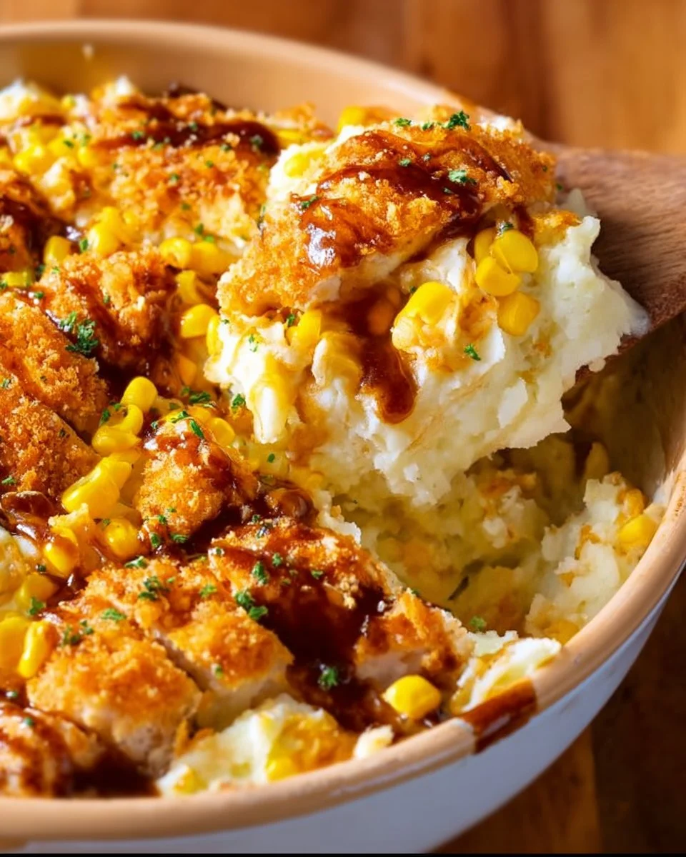 Mashed Potato Casserole topped with crispy chicken, serving on a plate.